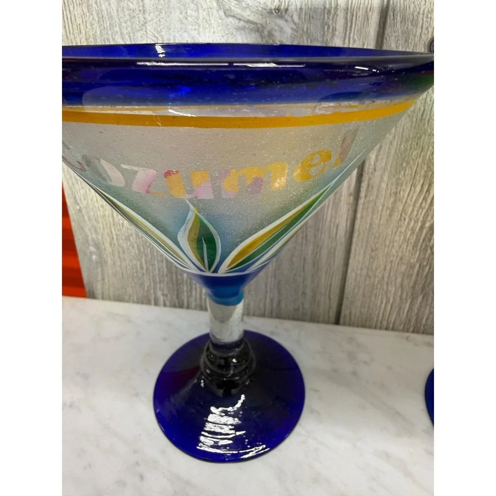 Set of 4 Hand Painted Mexican Martini Glasses Cozumel Cobalt Blue Rim 7in